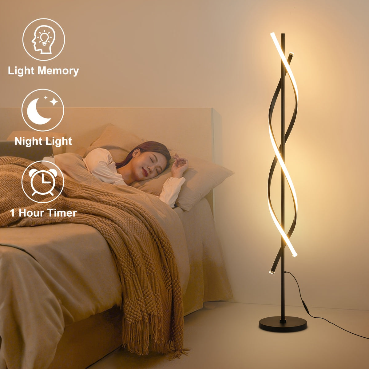 Lampe de bureau colonne spirale LED 152 cm, noire ou blanche