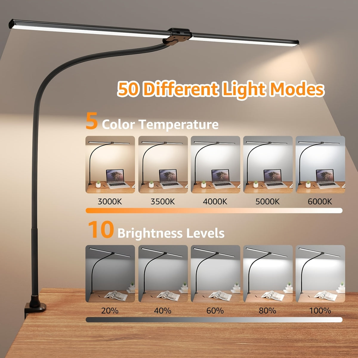 Lampe de bureau USB à pince col de cygne noire 50 cm 96 LED