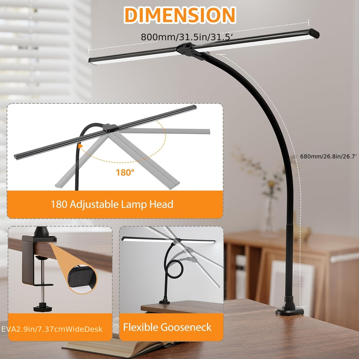 Lampe de bureau USB à pince col de cygne noire 50 cm 96 LED