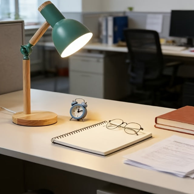 Lampe de bureau verte en bois et métal, articulée, 45 cm