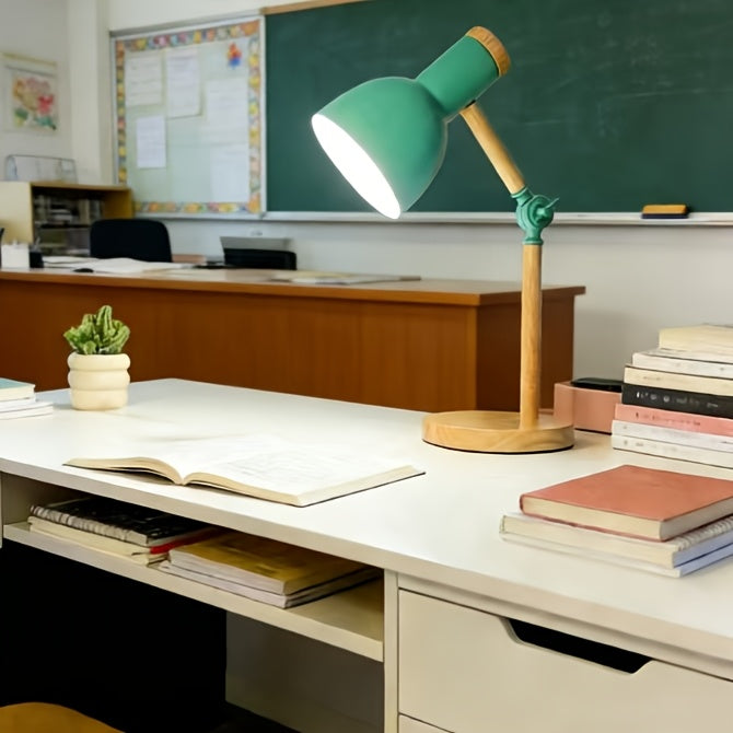 Lampe de bureau verte en bois et métal, articulée, 45 cm