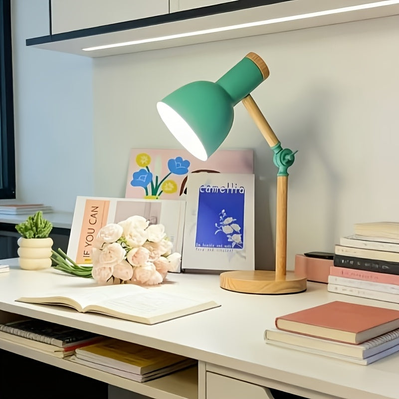 Lampe de bureau verte en bois et métal, articulée, 45 cm