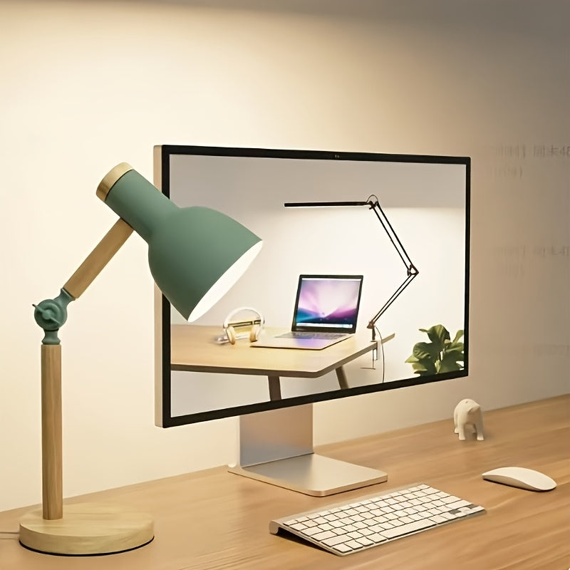 Lampe de bureau verte en bois et métal, articulée, 45 cm