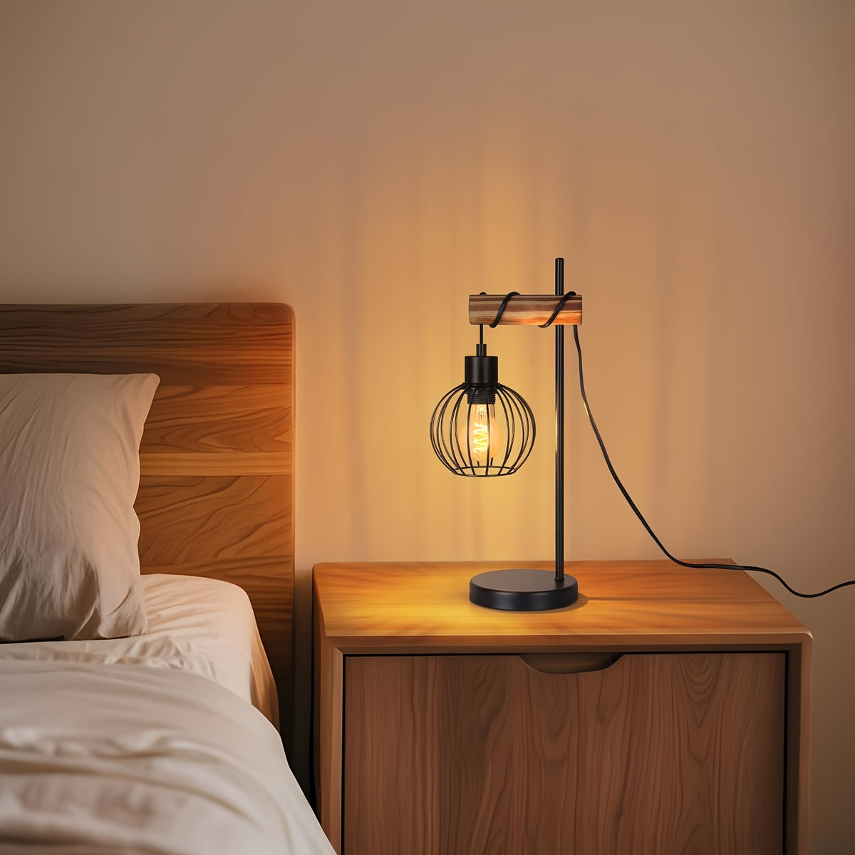 Lampe de bureau vintage bois et métal, douille E27, 46 cm