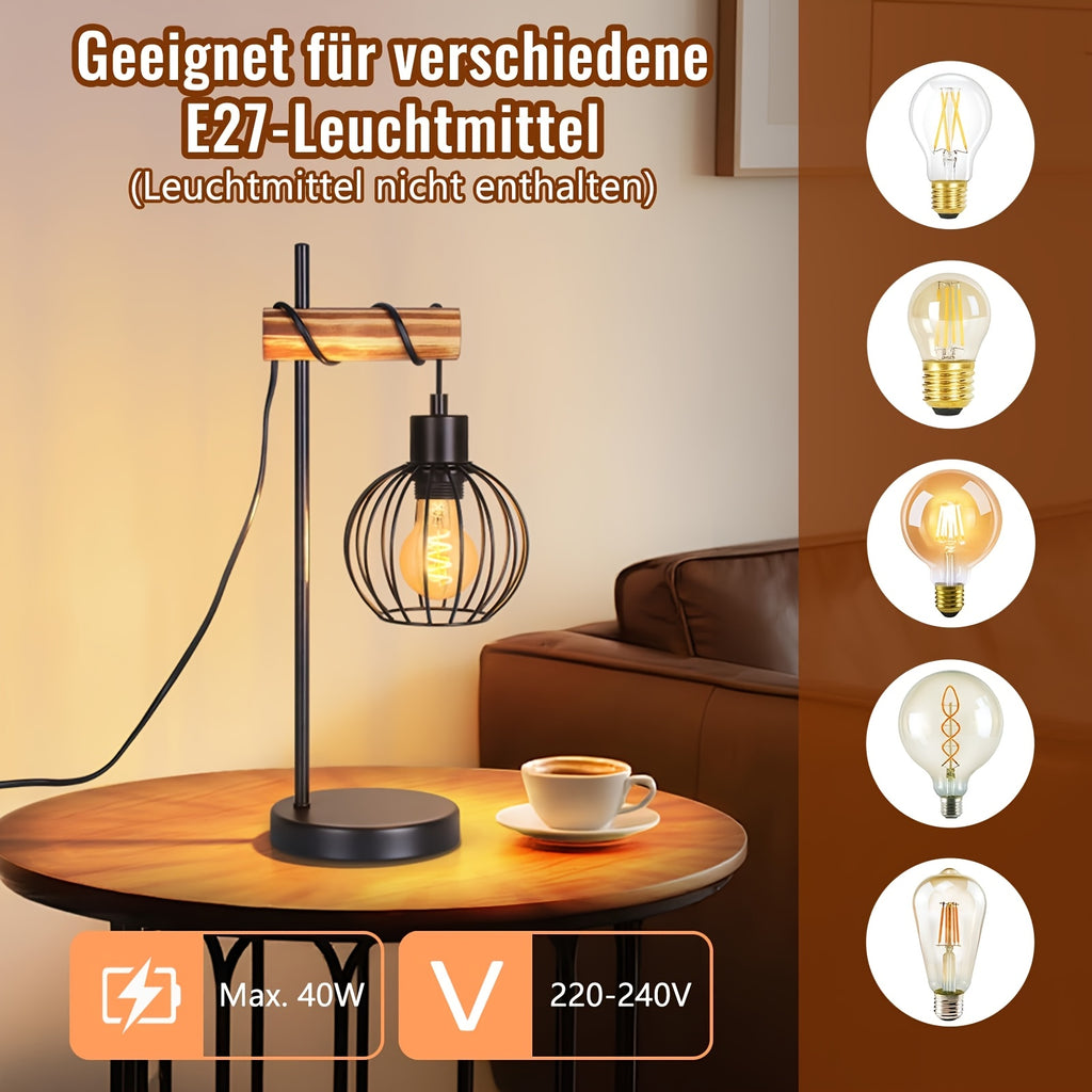 Lampe de bureau vintage bois et métal, douille E27, 46 cm