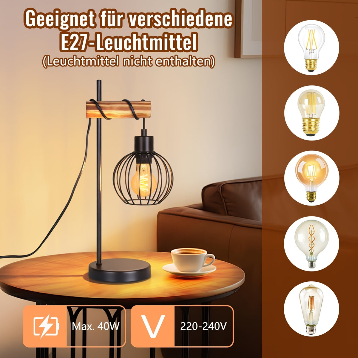 Lampe de bureau vintage bois et métal, douille E27, 46 cm