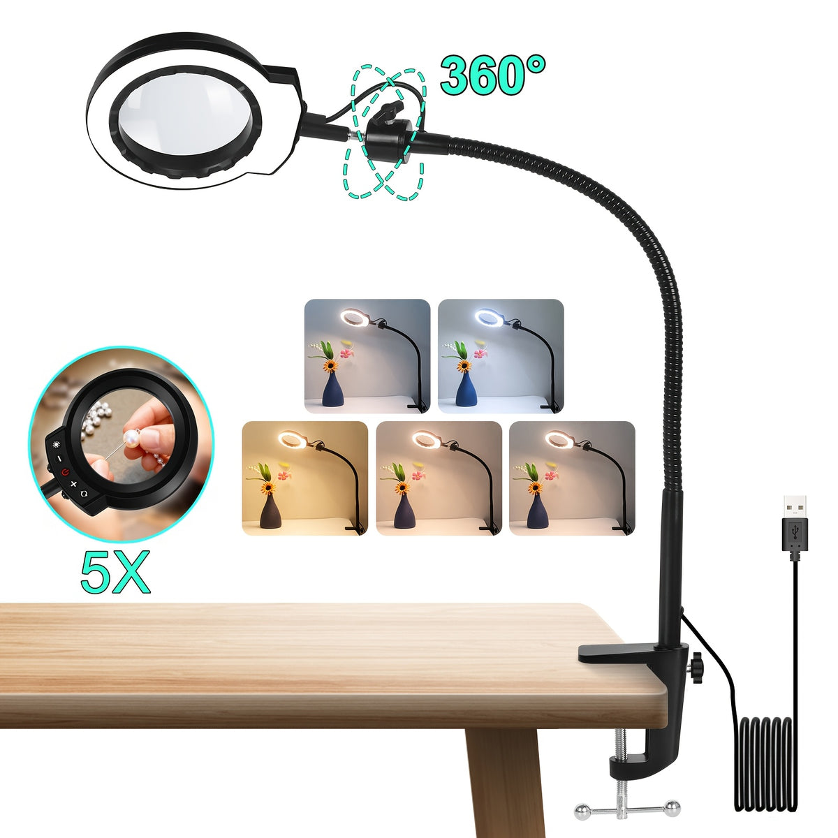 Lampe loupe 5x à pince - Col de cygne et verre véritable — photo 4