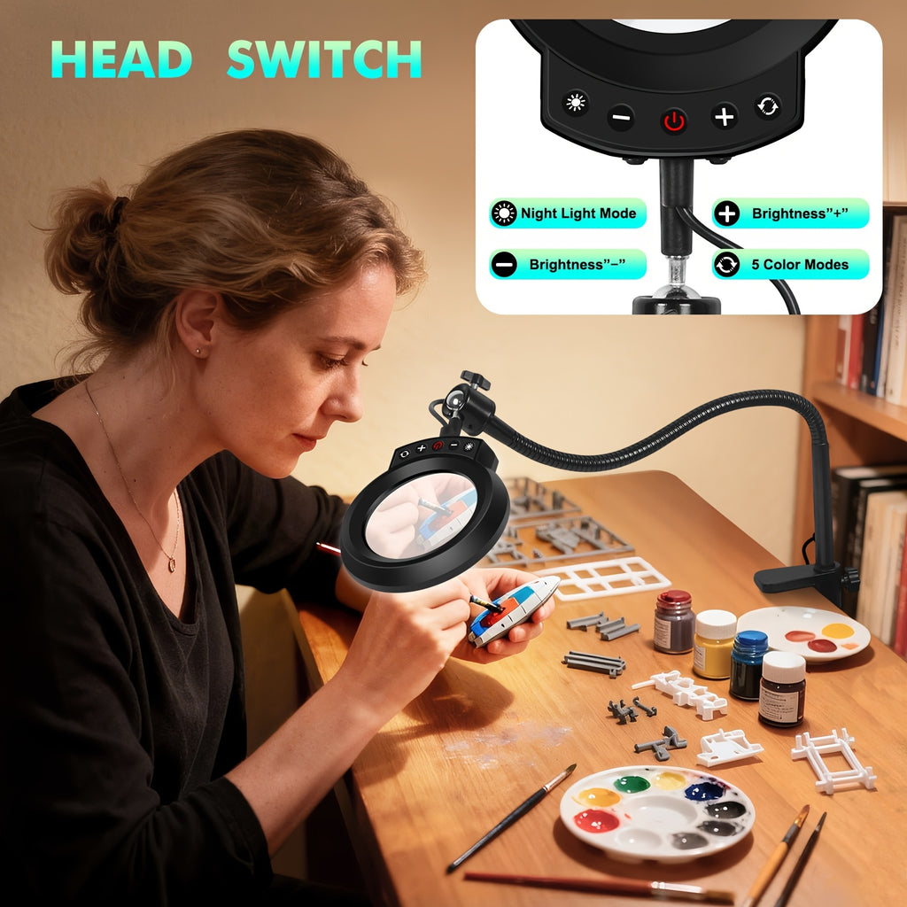 Loupe 5X avec lumire et support 5 modes de couleur 10 niveaux de luminosit rglables lampe de bureau LED avec lentille en verre vritable de 813 cm et pince lampe loupe pour travaux de prcision lecture loisirs cratifs peinture couture